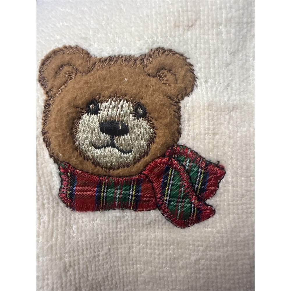 Vintage 90s Christmas Teddy Bear Hand Towel Cream Plaid Scarf Holiday Fringe